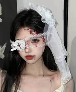 Lace Veil Hairpin and Gothic Rose Bell Necklace Set - Halloween Hair Accessories for Girls, Lolita Cosplay, and Eye Mask Style