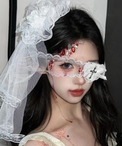 Lace Veil Hairpin and Gothic Rose Bell Necklace Set - Halloween Hair Accessories for Girls, Lolita Cosplay, and Eye Mask Style