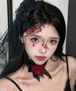 Lace Veil Hairpin and Gothic Rose Bell Necklace Set - Halloween Hair Accessories for Girls, Lolita Cosplay, and Eye Mask Style