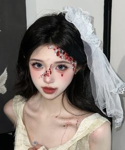 Lace Veil Hairpin and Gothic Rose Bell Necklace Set - Halloween Hair Accessories for Girls, Lolita Cosplay, and Eye Mask Style