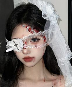Lace Veil Hairpin and Gothic Rose Bell Necklace Set - Halloween Hair Accessories for Girls, Lolita Cosplay, and Eye Mask Style