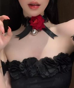 Lace Veil Hairpin and Gothic Rose Bell Necklace Set - Halloween Hair Accessories for Girls, Lolita Cosplay, and Eye Mask Style