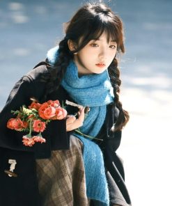 Lake Blue Knitted Scarf - Korean Style, Artistic Forest Vibe, Thick Warm Neck Gaiter, Versatile Flattering Shawl for Autumn Winter