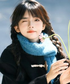 Lake Blue Knitted Scarf - Korean Style, Artistic Forest Vibe, Thick Warm Neck Gaiter, Versatile Flattering Shawl for Autumn Winter