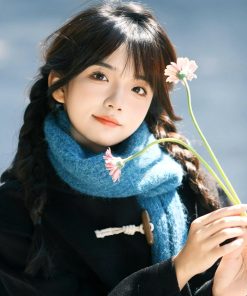 Lake Blue Knitted Scarf - Korean Style, Artistic Forest Vibe, Thick Warm Neck Gaiter, Versatile Flattering Shawl for Autumn Winter