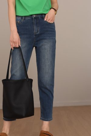 Lambskin Label Acetate Denim Tapered Pants - Slim-Fit Versatile Stretchy Jeans for Effortless Style