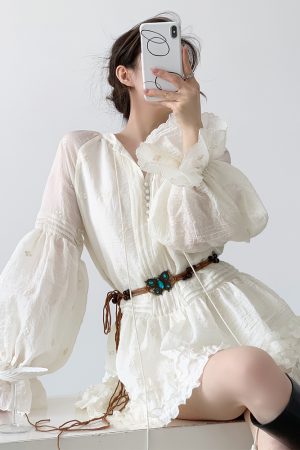 Lantern Sleeve Dress for Women, Short Skirt, Spring Outfit, Elegant Petite Style, Vintage Inspired, Y2K Fashion