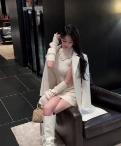 Lapel Sleeveless White Knitted Bodycon Dress with Sleeve Covers - Slim Fit Autumn Winter Fashion, Perfect for 90s and Y2K Styles