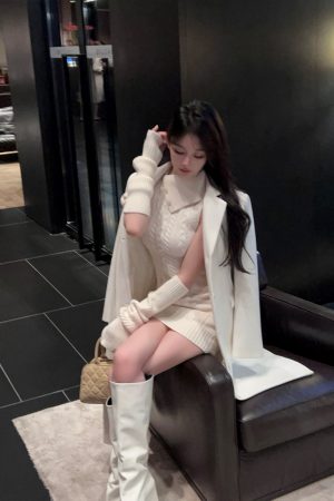 Lapel Sleeveless White Knitted Bodycon Dress with Sleeve Covers - Slim Fit Autumn Winter Fashion, Perfect for 90s and Y2K Styles