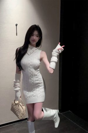 Lapel Sleeveless White Knitted Bodycon Dress with Sleeve Covers - Slim Fit Autumn Winter Fashion, Perfect for 90s and Y2K Styles