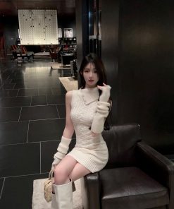 Lapel Sleeveless White Knitted Bodycon Dress with Sleeve Covers - Slim Fit Autumn Winter Fashion, Perfect for 90s and Y2K Styles
