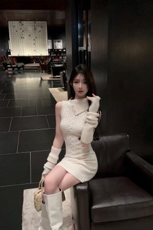 Lapel Sleeveless White Knitted Bodycon Dress with Sleeve Covers - Slim Fit Autumn Winter Fashion, Perfect for 90s and Y2K Styles