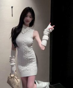 Lapel Sleeveless White Knitted Bodycon Dress with Sleeve Covers - Slim Fit Autumn Winter Fashion, Perfect for 90s and Y2K Styles