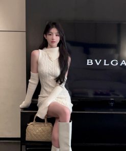 Lapel Sleeveless White Knitted Bodycon Dress with Sleeve Covers - Slim Fit Autumn Winter Fashion, Perfect for 90s and Y2K Styles