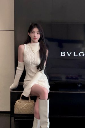 Lapel Sleeveless White Knitted Bodycon Dress with Sleeve Covers - Slim Fit Autumn Winter Fashion, Perfect for 90s and Y2K Styles