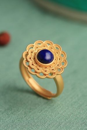 Lapis Lazuli Open Lotus Ring for Women, Gold-Plated Silver with Jade Inlay, Light Luxury Niche Design, Elegant Silver Jewelry