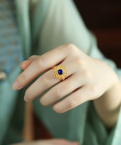 Lapis Lazuli Open Lotus Ring for Women, Gold-Plated Silver with Jade Inlay, Light Luxury Niche Design, Elegant Silver Jewelry