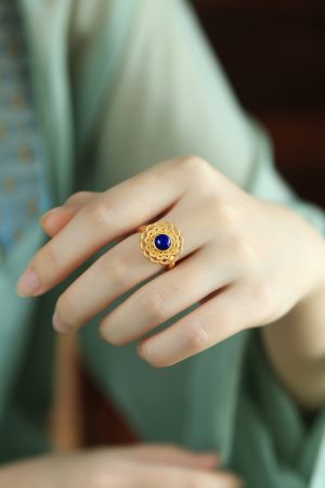 Lapis Lazuli Open Lotus Ring for Women, Gold-Plated Silver with Jade Inlay, Light Luxury Niche Design, Elegant Silver Jewelry