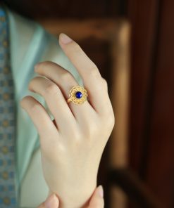 Lapis Lazuli Open Lotus Ring for Women, Gold-Plated Silver with Jade Inlay, Light Luxury Niche Design, Elegant Silver Jewelry