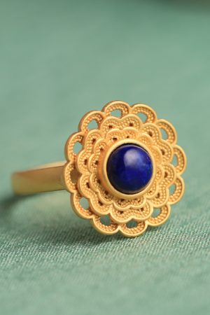 Lapis Lazuli Open Lotus Ring for Women, Gold-Plated Silver with Jade Inlay, Light Luxury Niche Design, Elegant Silver Jewelry