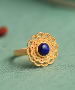 Lapis Lazuli Open Lotus Ring for Women, Gold-Plated Silver with Jade Inlay, Light Luxury Niche Design, Elegant Silver Jewelry