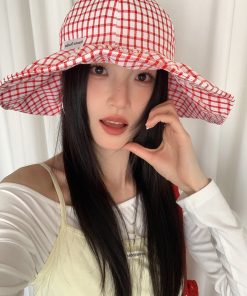 Large Brim Blue Checkered Fisherman's Hat for Women - Summer Sunshade Bucket Hat, Small Face Outdoor Sun Protection