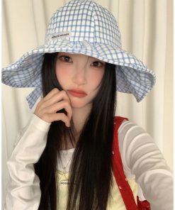 Large Brim Blue Checkered Fisherman's Hat for Women - Summer Sunshade Bucket Hat, Small Face Outdoor Sun Protection