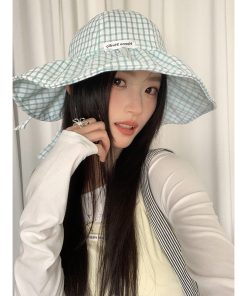 Large Brim Blue Checkered Fisherman's Hat for Women - Summer Sunshade Bucket Hat, Small Face Outdoor Sun Protection