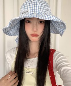 Large Brim Blue Checkered Fisherman's Hat for Women - Summer Sunshade Bucket Hat, Small Face Outdoor Sun Protection