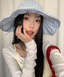 Large Brim Blue Checkered Fisherman's Hat for Women - Summer Sunshade Bucket Hat, Small Face Outdoor Sun Protection