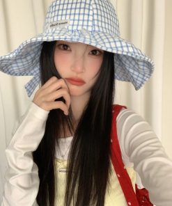 Large Brim Blue Checkered Fisherman's Hat for Women - Summer Sunshade Bucket Hat, Small Face Outdoor Sun Protection