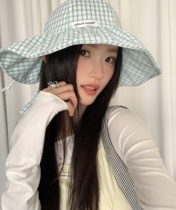 Large Brim Blue Checkered Fisherman's Hat for Women - Summer Sunshade Bucket Hat, Small Face Outdoor Sun Protection