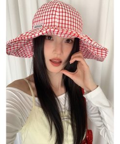 Large Brim Blue Checkered Fisherman's Hat for Women - Summer Sunshade Bucket Hat, Small Face Outdoor Sun Protection