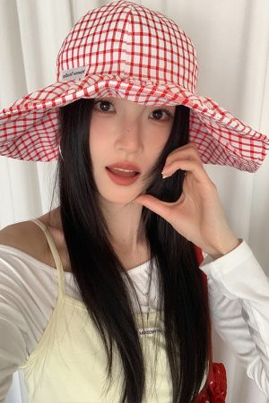 Large Brim Blue Checkered Fisherman's Hat for Women - Summer Sunshade Bucket Hat, Small Face Outdoor Sun Protection