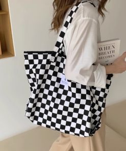 Large Capacity Black and White Checkered Canvas Tote Bag for Women - Versatile Korean Style Casual Handbag