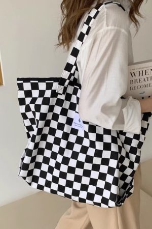 Large Capacity Black and White Checkered Canvas Tote Bag for Women - Versatile Korean Style Casual Handbag