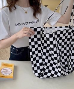Large Capacity Black and White Checkered Canvas Tote Bag for Women - Versatile Korean Style Casual Handbag