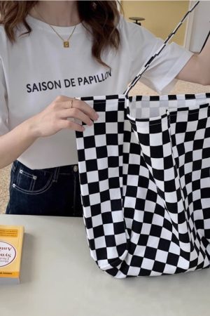 Large Capacity Black and White Checkered Canvas Tote Bag for Women - Versatile Korean Style Casual Handbag