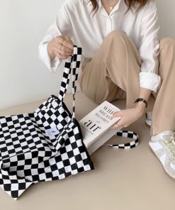Large Capacity Black and White Checkered Canvas Tote Bag for Women - Versatile Korean Style Casual Handbag