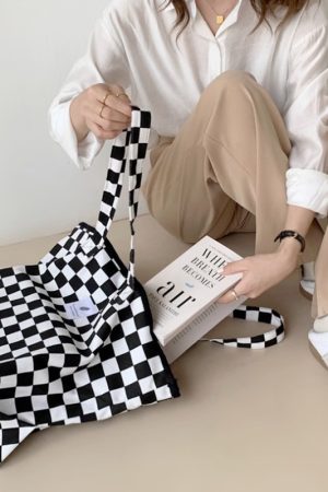 Large Capacity Black and White Checkered Canvas Tote Bag for Women - Versatile Korean Style Casual Handbag