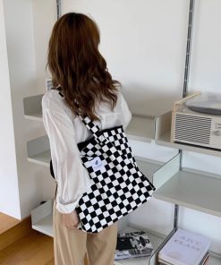 Large Capacity Black and White Checkered Canvas Tote Bag for Women - Versatile Korean Style Casual Handbag