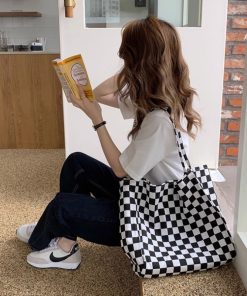 Large Capacity Black and White Checkered Canvas Tote Bag for Women - Versatile Korean Style Casual Handbag