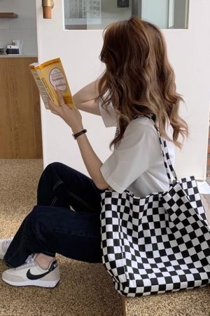 Large Capacity Black and White Checkered Canvas Tote Bag for Women - Versatile Korean Style Casual Handbag