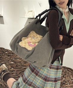 Large Capacity Canvas Crossbody Bag with Bear Embroidery - Versatile Tote for Girls, Perfect for Commuting and Everyday Use