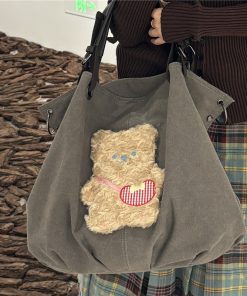 Large Capacity Canvas Crossbody Bag with Bear Embroidery - Versatile Tote for Girls, Perfect for Commuting and Everyday Use
