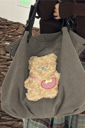Large Capacity Canvas Crossbody Bag with Bear Embroidery - Versatile Tote for Girls, Perfect for Commuting and Everyday Use