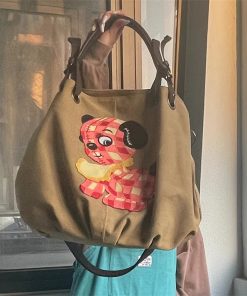 Large Capacity Dog Embroidery Canvas Crossbody Bag - Cute Versatile Commuter Tote for Girls, Perfect for Everyday Use