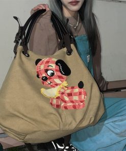 Large Capacity Dog Embroidery Canvas Crossbody Bag - Cute Versatile Commuter Tote for Girls, Perfect for Everyday Use