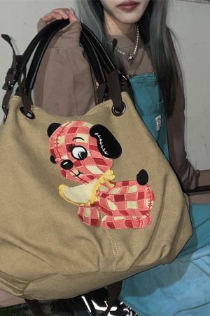 Large Capacity Dog Embroidery Canvas Crossbody Bag - Cute Versatile Commuter Tote for Girls, Perfect for Everyday Use