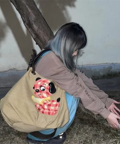 Large Capacity Dog Embroidery Canvas Crossbody Bag - Cute Versatile Commuter Tote for Girls, Perfect for Everyday Use